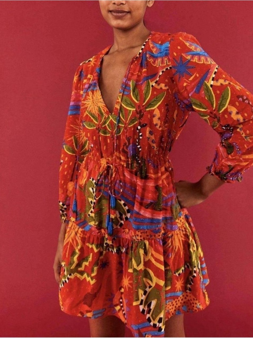 FARM Rio Red Multicolor Printed Tie-Waist Mini Dress